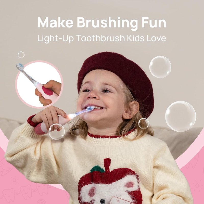 Kids Electric Toothbrush - USB Rechargeable with Smart Timer & LED Light | Pink, Ages 4+
