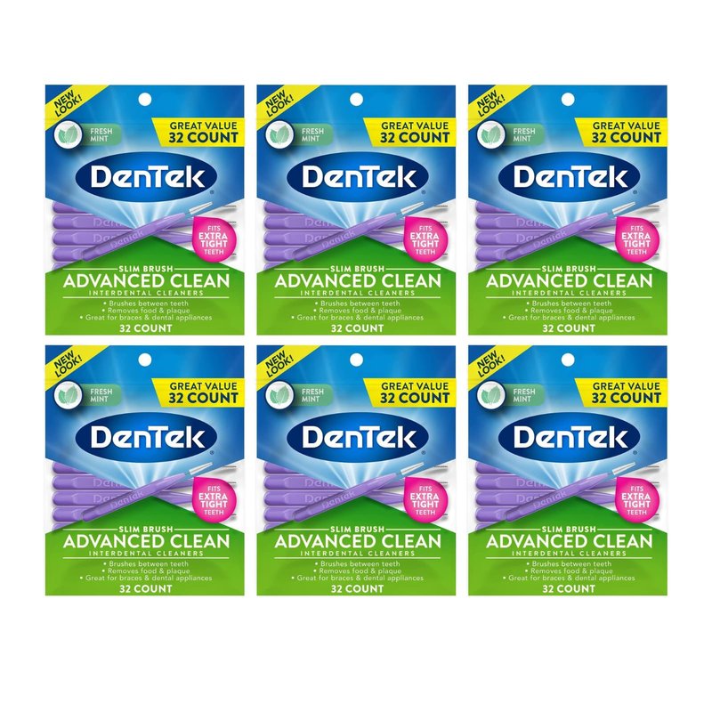 DenTek Advanced Clean Slim Brush Interdental Cleaners, Extra Tight Between Teeth Brushes, Plaque Removal, Dental Picks for Oral Care, Fresh Mint Mouthwash Blast, 32 Count (Pack of 6)