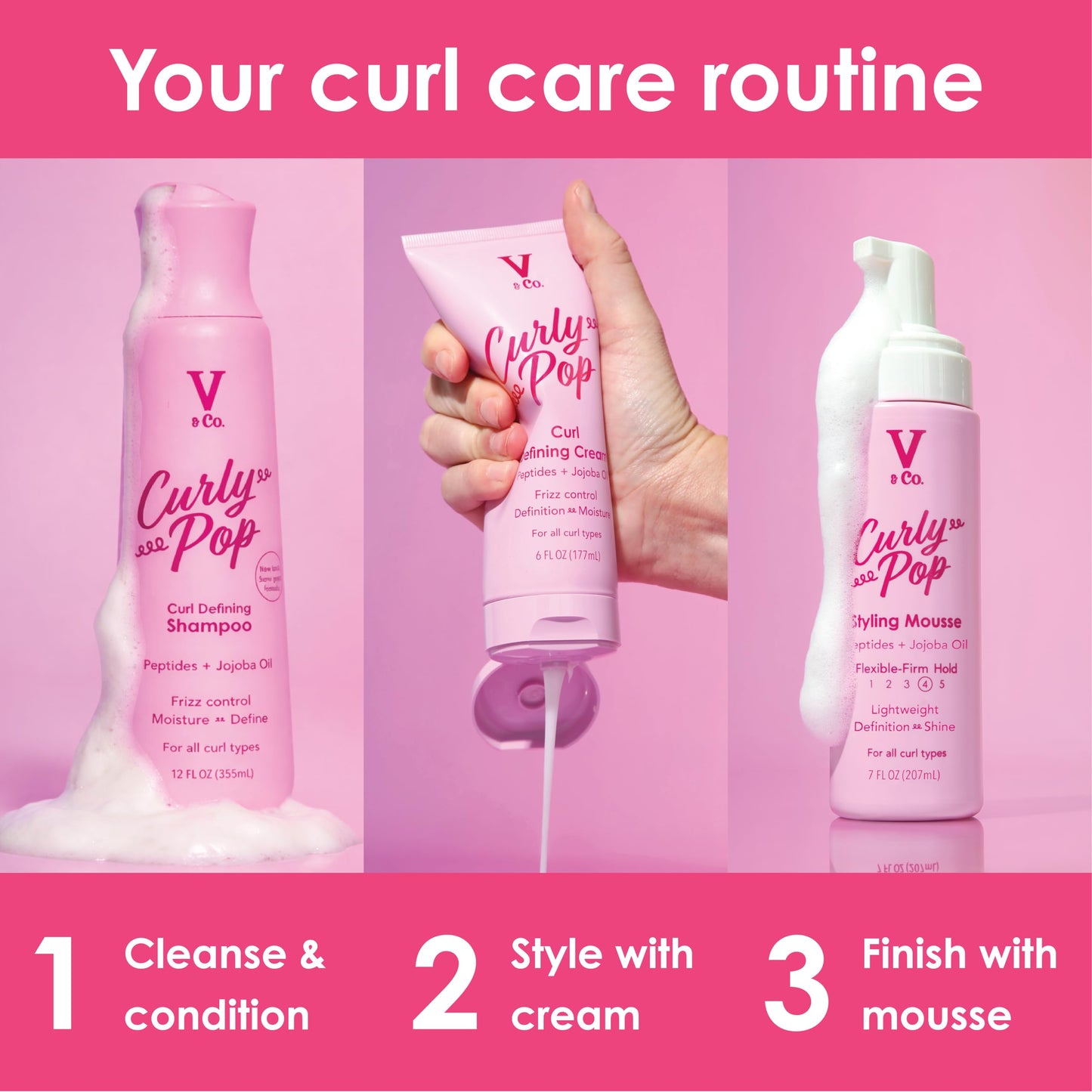 V&Co. Curly Pop Curl Defining Mousse – Curl Mousse for Curly Hair, Anti Frizz & Moisturizing Hair Care with Peptides & Jojoba Oil, 6 oz