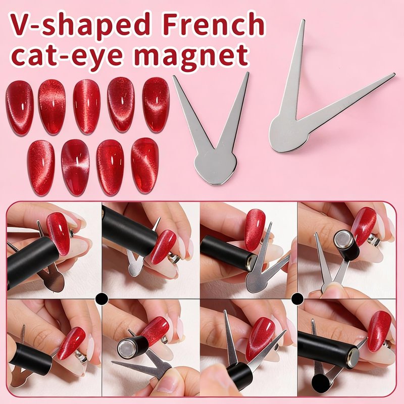 WOKOTO 2 PC Strong Magnetism Cat Eye Magnets With 9 Pcs Iron Stencils For Nails, Cylinder & Rectangular Bar Nail Magnet With Rubber Cover, French Smile Line, Heart And Bunny Stencils Magnet Tools Set