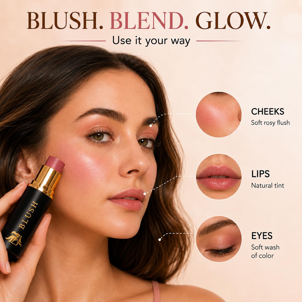Cream Blush Stick by Phoenix Beauty – 3-in-1 Cheek, Lip & Eye Color | High Pigment, Hydrating Formula with Shea Butter & Hyaluronic Acid | Multi-Use Makeup Stick for Dewy Skin (Wild Rose, Regular)