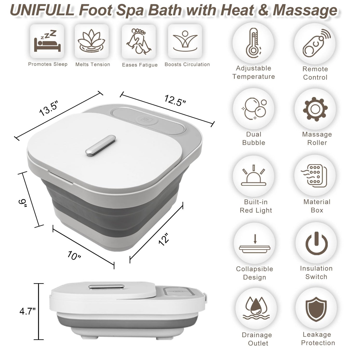 UNIFULL Collapsible Foot Spa Bath with Heat and Massage Rollers, Bubble, Foot Pedicure Kit, Temperature Control, Red Light, Pedicure Foot Spa, Foot Bath
