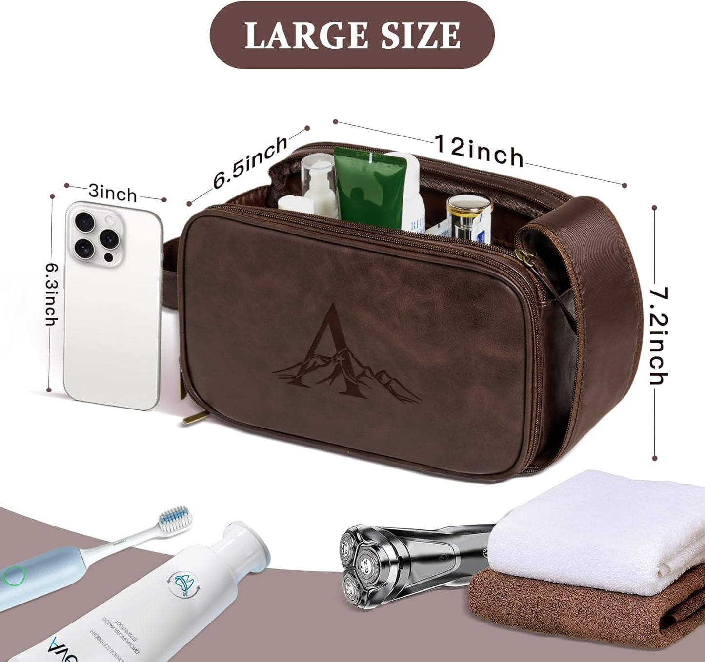 Personalized Toiletry Bag for Men - Custom Initials & Mountain Design | Dark Brown Travel Essentials