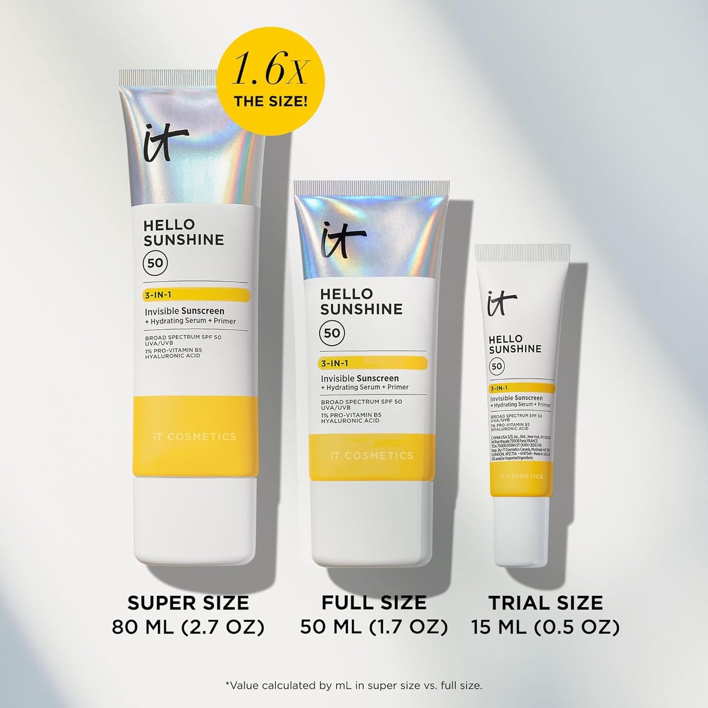 IT Cosmetics Hello Sunshine Invisible Sunscreen SPF 50 - Hydrating Face Primer with Pro-Vitamin B5 & Hyaluronic Acid - No White Cast, 1.7 oz