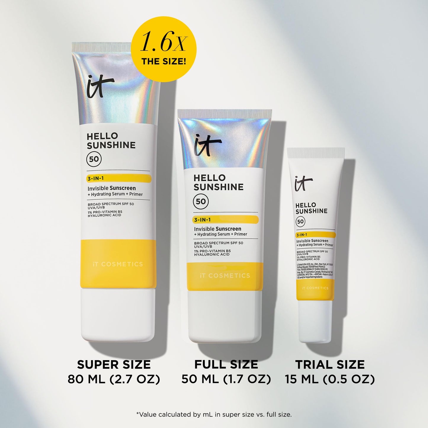 IT Cosmetics Hello Sunshine Invisible Sunscreen for Face SPF 50 - Sunscreen, Hydrating Serum & Makeup Primer - 1% Pro-Vitamin B5 & Hyaluronic Acid - HSA/FSA Eligible - No White Cast - 2.7 fl oz