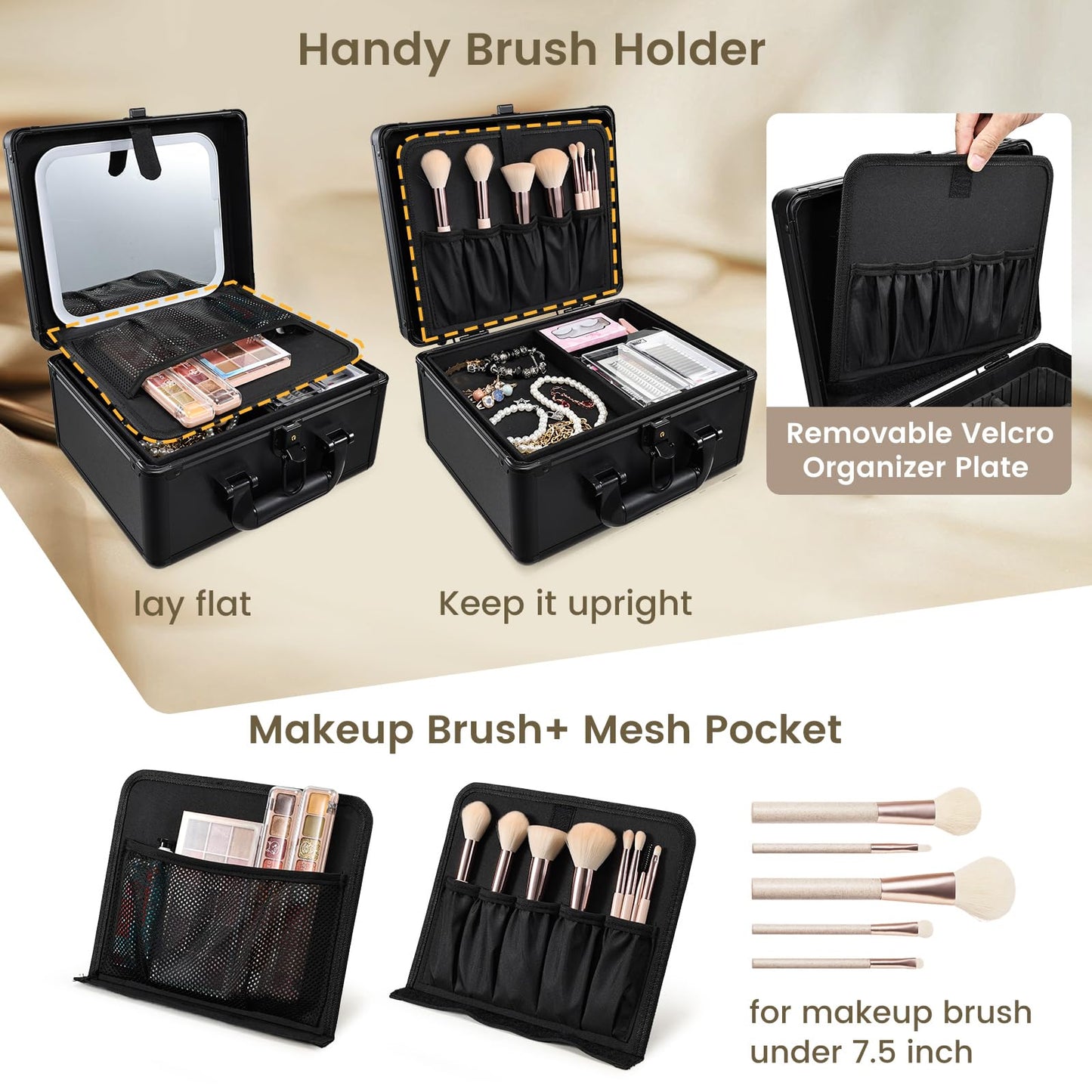 Faquenc Makeup Case with Lighted Vanity Mirror, Makeup Organizer Box Travel Make up Case with LED Mirror Portable Cosmetic Train Case for Countertop Lockable Makeup Suitcase with Adjustable Dividers