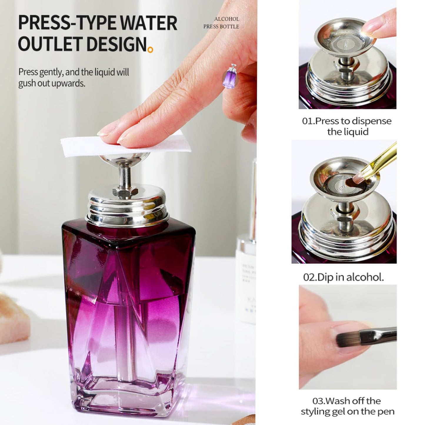 Misforu 5 Oz/ 150ml Glass Push Down Pump Dispenser Bottle With Cap Push Down Glass Empty Pump Dispenser for Alcohol Makeup Clear Refillable Bottle Hand Pumping Press Container (Purple)
