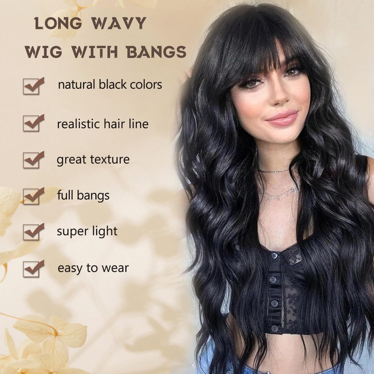 MINSEEYOO Black Wig with Bangs for Women Long Black Wavy Wigs 26 Inch Natural Black Wigs Natural Looking Heat Resistant Synthetic Wig for Daily Party Use