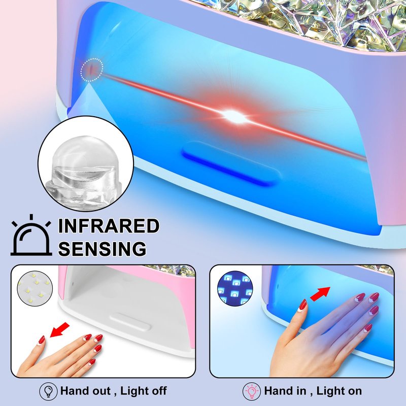 LIMEGIRL UV LED Nail Lamp Kit for Gel Polish Professional Fast Pink Diamond Design Curing Dryer Light Set with 4 Timers and Gloves Cordless Rechargeable Nail Art Cure Machine at Home and Salon