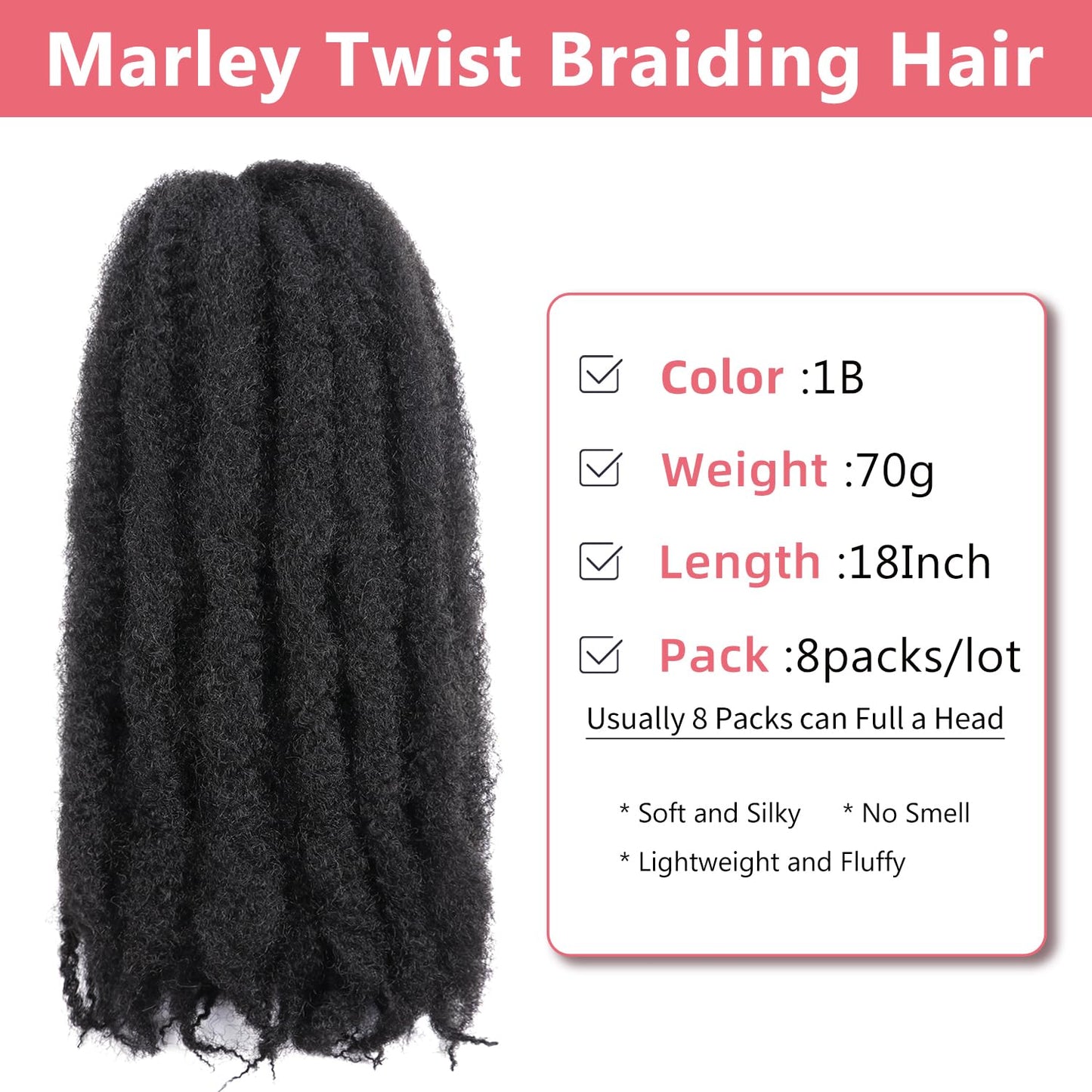 Marley Twist Braiding Hair-18Inch 8packs Cuban Twist Hair Soft Marley Hair for Black Women(1B, 18 Inch (Pack of 8))