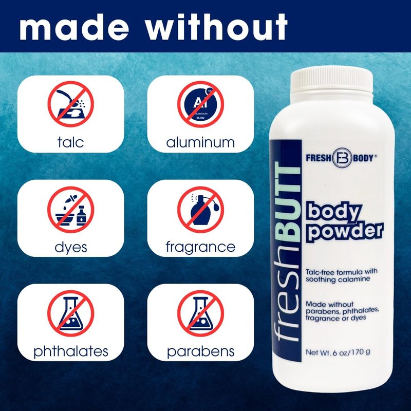 Fresh Butt Body Powder for Men & Women - Talc-Free with Calamine for Friction Fighting, Anti-Chafing, Anti-Itch, Odor & Sweat Absorbing, Unscented, 6oz