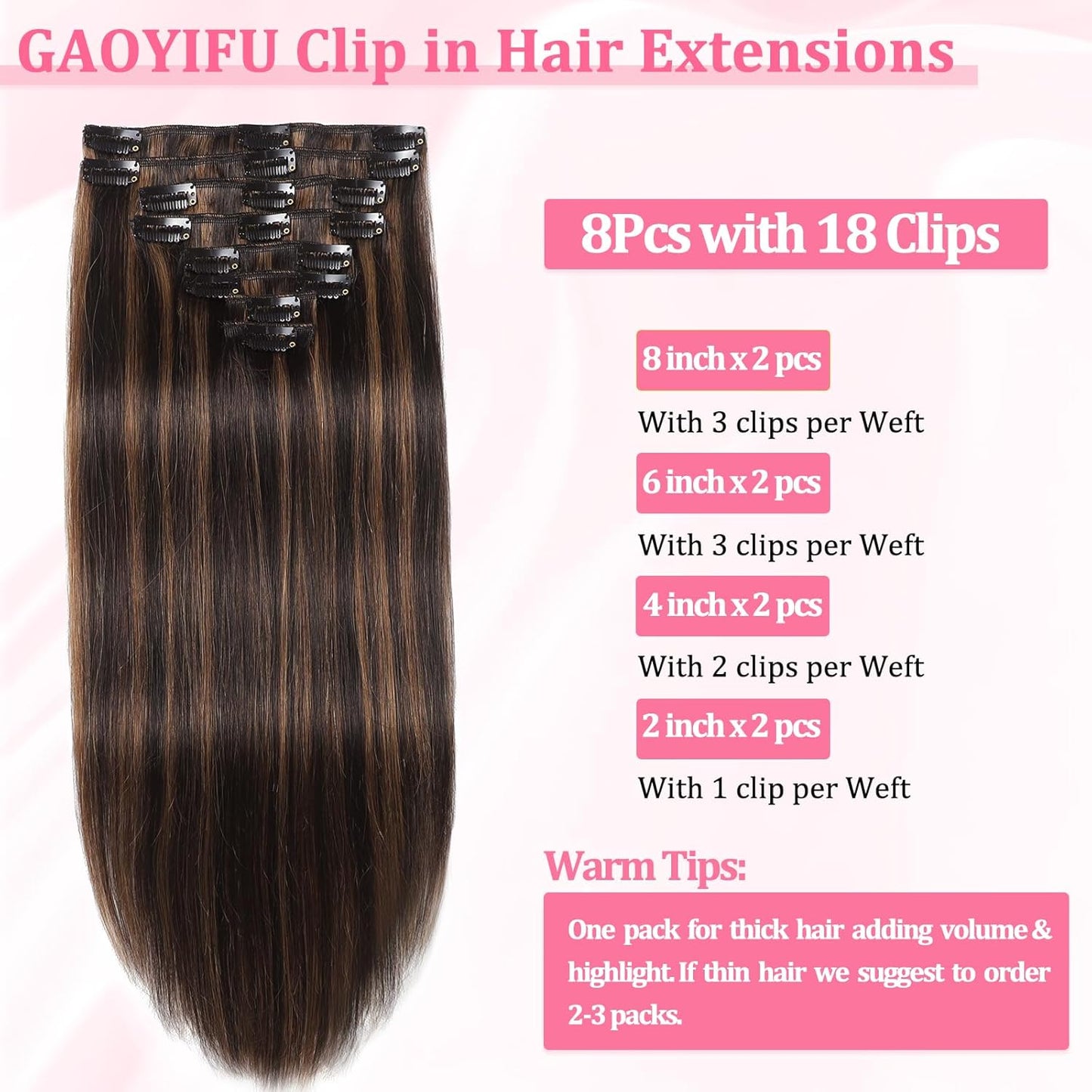 Clip In Hair Extensions - Real Human Hair Seamless Balayage | 16 Inch, 8 Pcs, Dark Brown & Chestnut Highlights