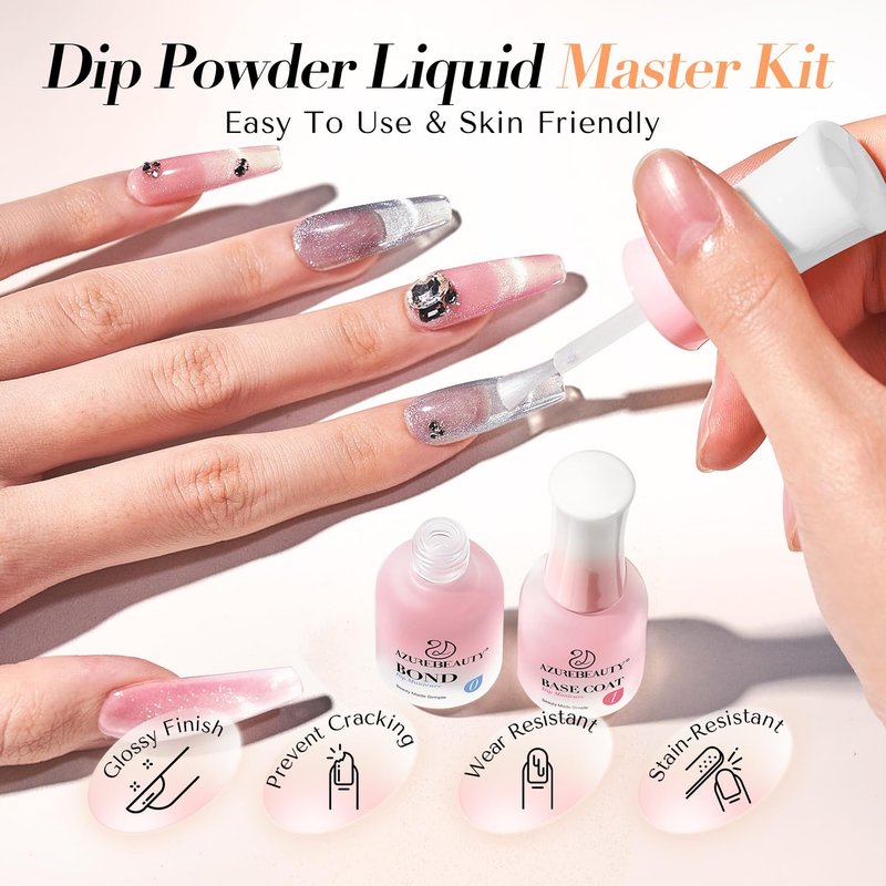 AzureBeauty Dip Powder Liquid Set - 8Pcs 15ml/0.5oz Upgraded Bond, Base Coat, Activator & Top Coat | DIY Home Salon Necessary Tools