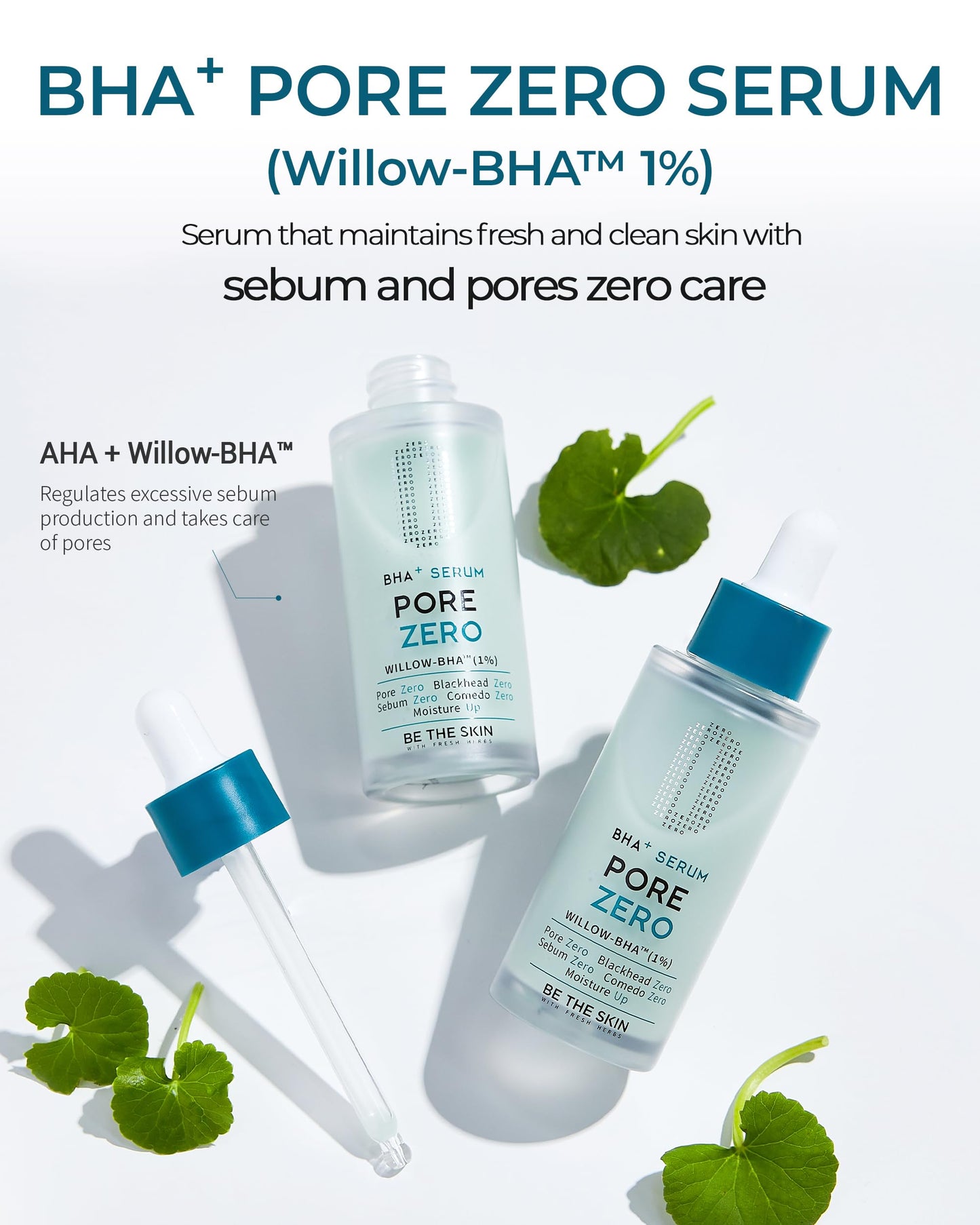 BE THE SKIN Pore Zero BHA Exfoliating Serum (30ml), Natural Willow Bark BHA + AHA, Helps Clear Clogged Pores & Blackheads Without the Sting, Cica Soothing for Oily Sensitive Skin