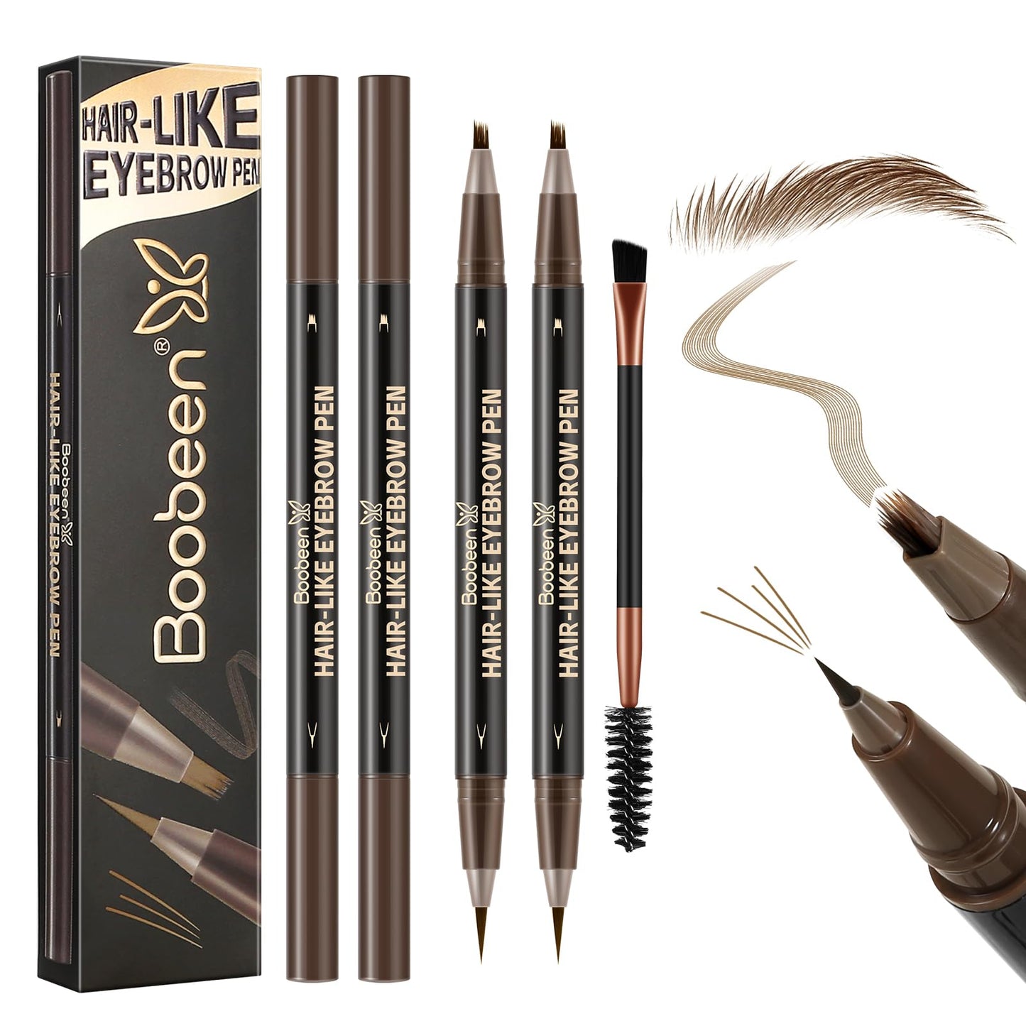 Boobeen 3pcs Waterproof Eyebrow Pen，Dual-Ended Eyeliner Microblading Eyebrow Pencil for Women，Long Lasting Hair-Like Brow Pen with Brow Brush，Dark Brown