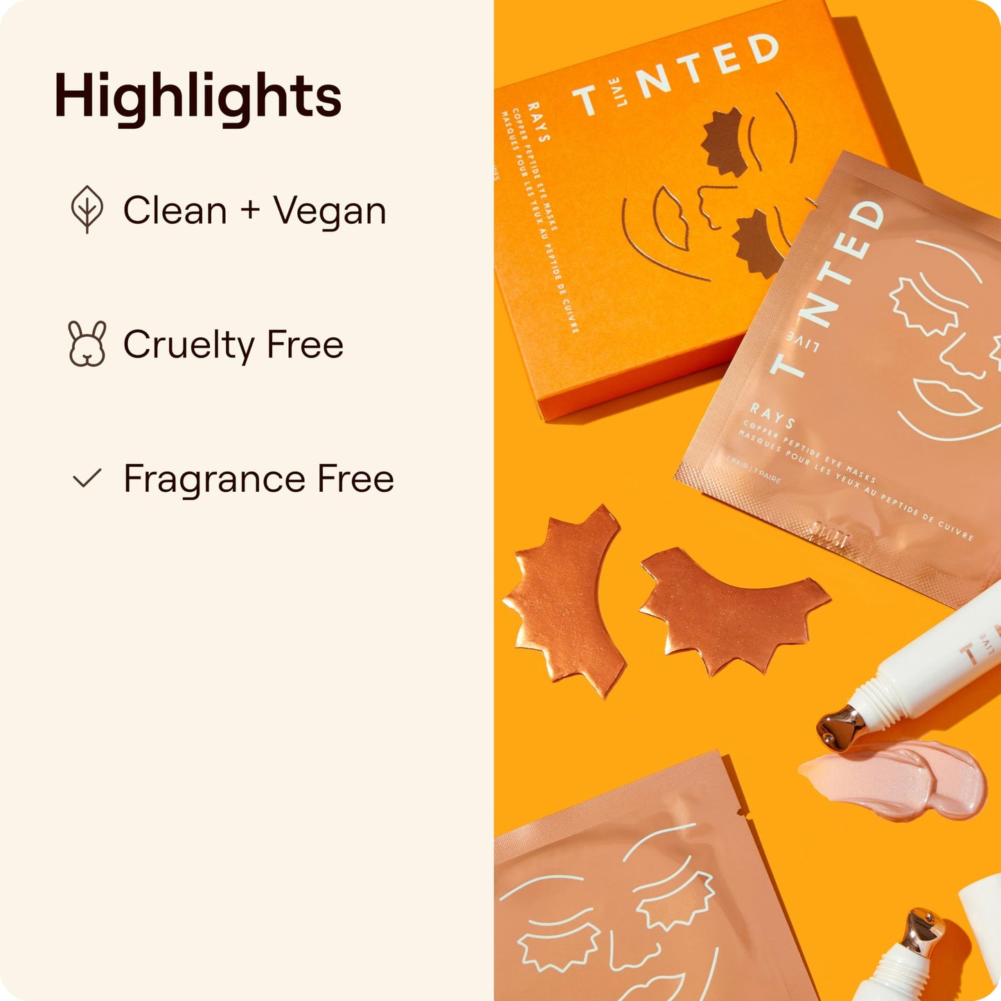 Live Tinted Rays Copper Peptide Eye Masks - Cooling, Brightening, and Nourishing Under Eye Patches, Reduces Fine Lines, Depuffs, & Hydrates with Copper Peptides, Banana Extract, and Bakuchiol - 1 Pair