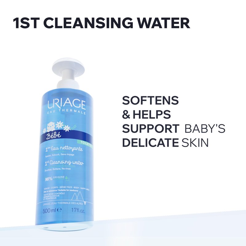 Uriage Baby 1st cleansing water with Organic Edelweiss, Softens baby's delicate skin, Ultra-convenient pump, Soap Free, Face & body, Physiological pH