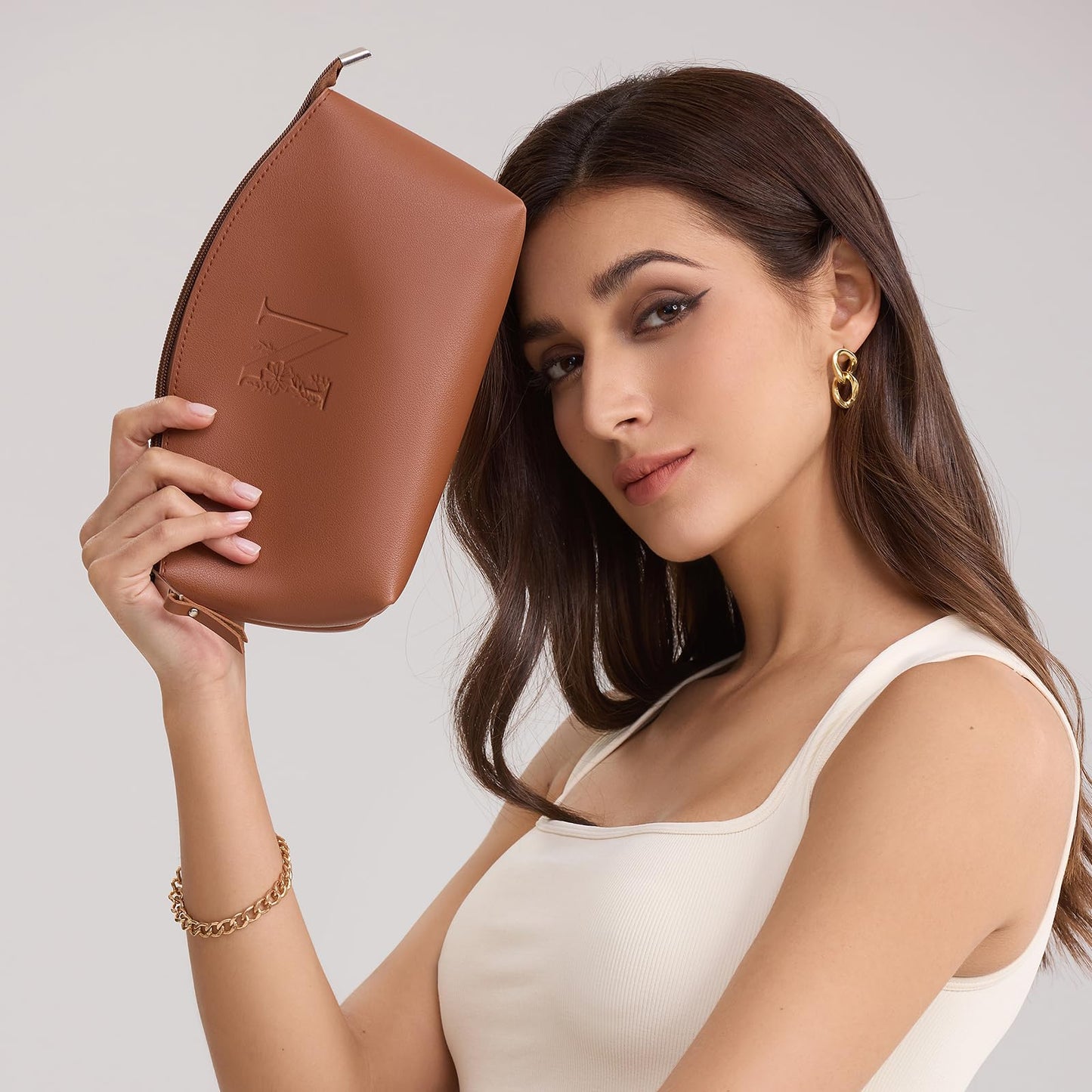 AW BRIDAL Makeup Bags for Women Travel Toiletry Bag with Luggage Tag, Makeup Pouch Cosmetic Pouch Skincare Bag Mother's Day Gift Wedding Gifts Birthday Gifts for Women, Letter N, brown
