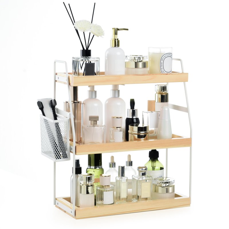 Uneviesyka Bathroom Counter Organizer, 3-Tier Standing Storage Shelf with Basket, Wood Tray for Skincare Vanity Organizer(White)