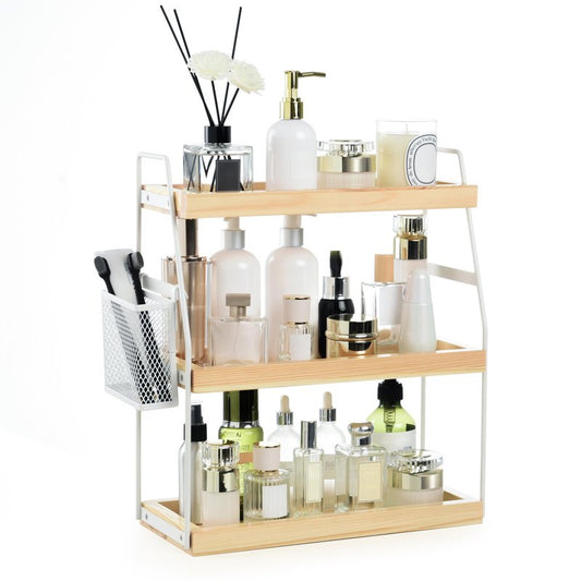 Uneviesyka Bathroom Counter Organizer, 3-Tier Standing Storage Shelf with Basket, Wood Tray for Skincare Vanity Organizer(White)