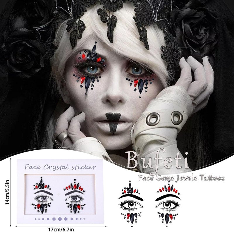 4 Pieces Face Gems Jewels Tattoos for Halloween, Day of the Dead Glitter Skull Spider Web Clown Crystals Rhinestones Makeup Stickers for Women Halloween Festival Rave Party Outfit
