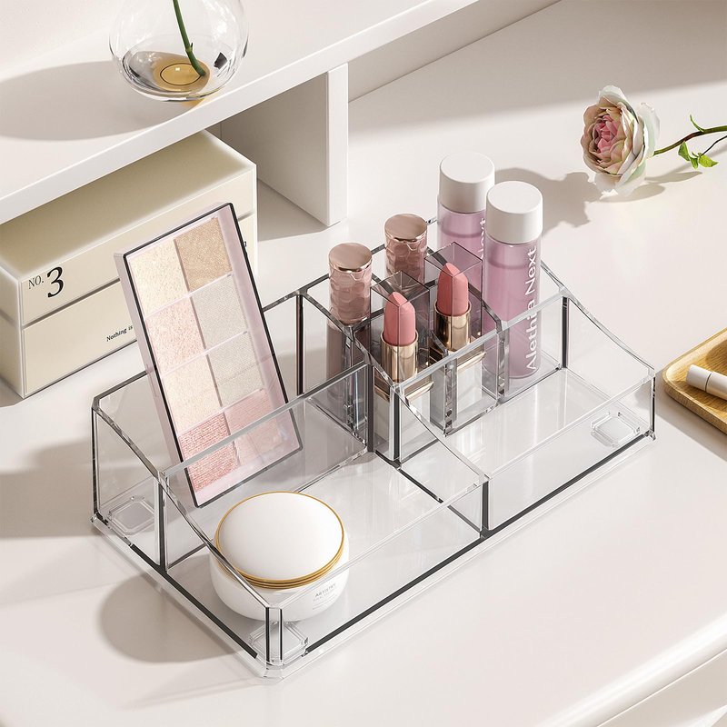 Delamu 4-Tier Clear Makeup Organizer with Drawer, Stackable Acrylic Cosmetic Storage for Bathroom Vanity, Dresser Countertop, Make Up and Jewelry Storage, Beauty Holder for Lipstick Brush Skincare