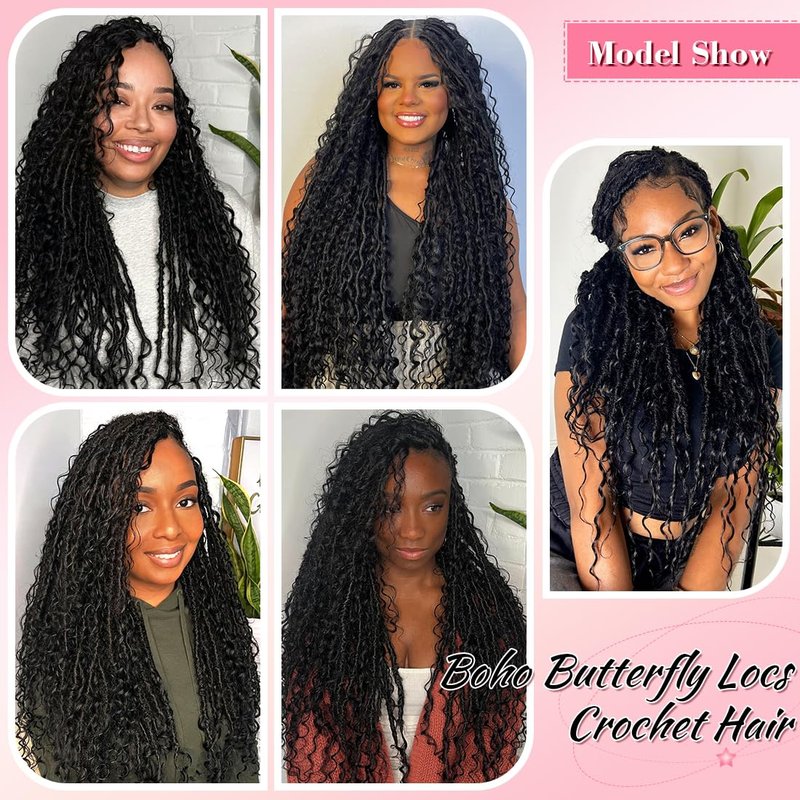 26 Inch Boho Butterfly Locs Crochet Hair 6 Packs Distressed Infinity Locs For Black Women Boho Crochet Braids Faux Locs Natural Hair Extension(26inch,1B)
