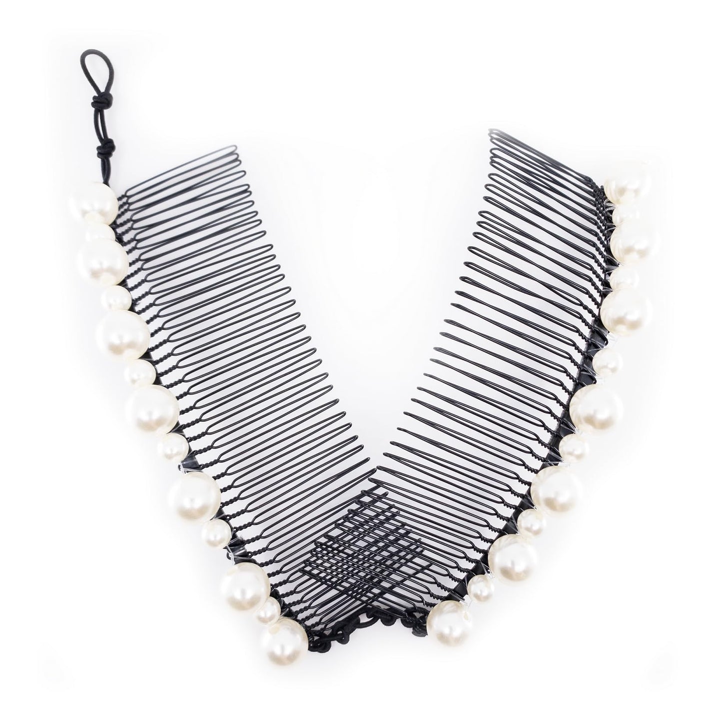 Stretch Banana clips (2-Pack) - Hair Combs for Thick or Natural Hair - Comfortable all-day hold for updo hairstyles (Large, Black Satin Cord wrap and White faux Pearl bead)
