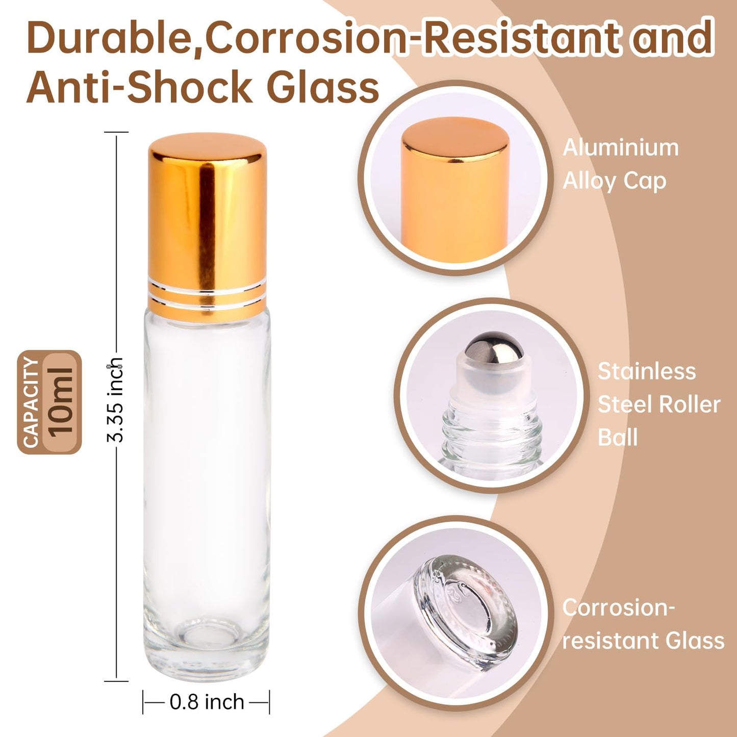 inice 100 Pack,10ml Roller Bottles for Essential Oils Applicator Clear Glass Bottles Stainless Steel Roll On Ball for Daily Care