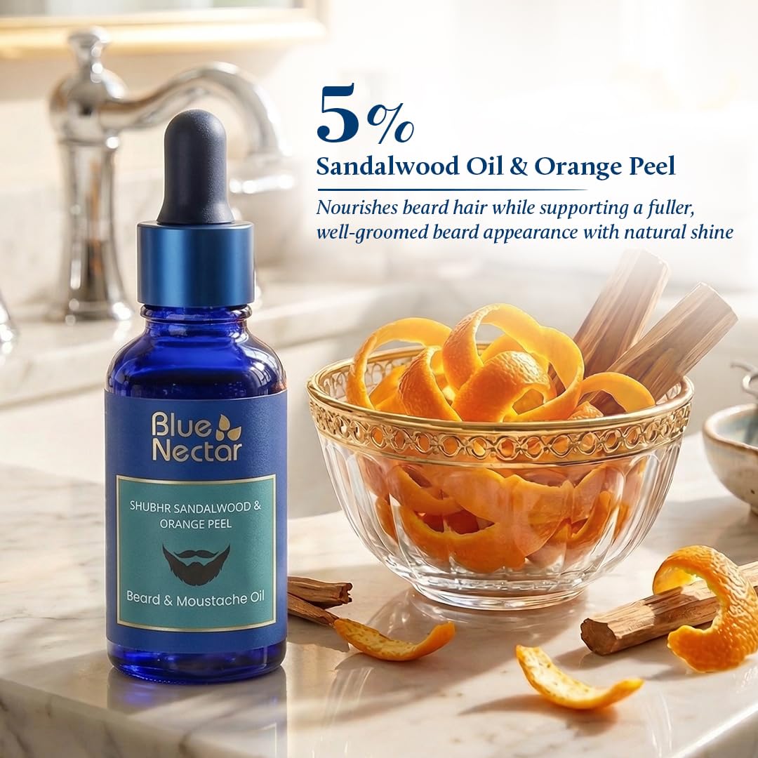 Blue Nectar Beard Oil for Men, Natural Moustache and Beard Growth Oil and Beard Softener for softer, helps in dandruff contains Sandalwood & Orange Peel Aroma