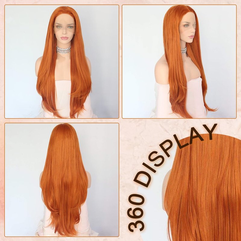 Orange Lace Front Wig - 13x4 Synthetic Natural Wave - 26 Inch Glueless Pre Plucked for Daily Cosplay & Halloween
