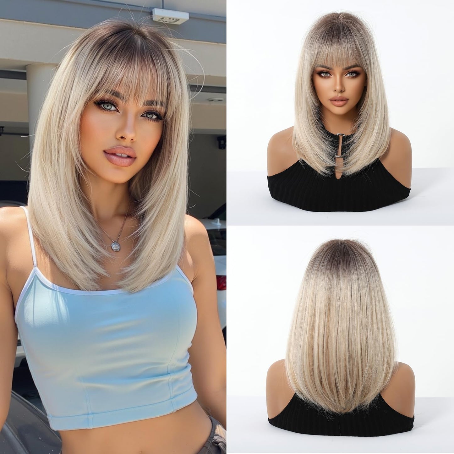 Osicapea Ombre Blonde Short Wigs with Bangs for Women, Woman Natural Short Straight Heat Resistant Synthetic Wig, 14 Inch Long Hair Replacement Wigs for Women's Cosplay Costume Party Daily Use