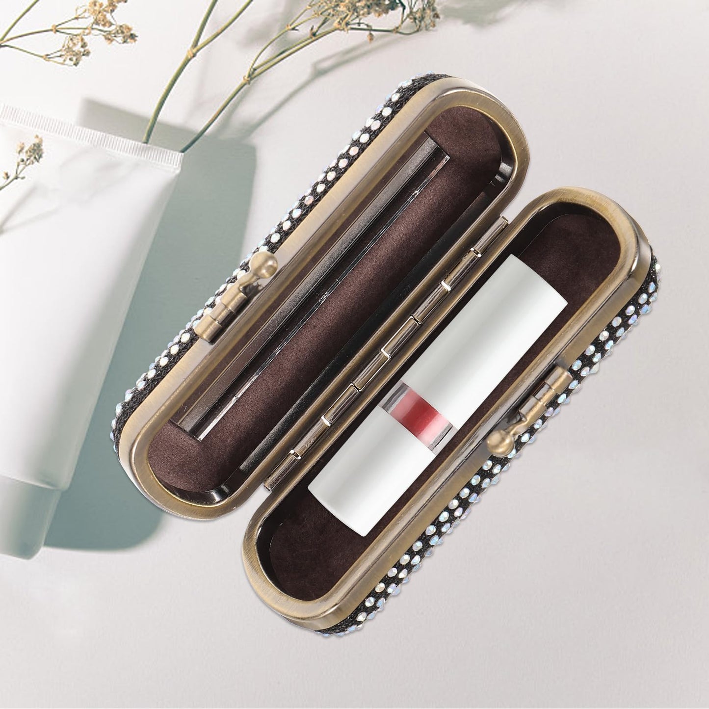 ABOOFAN Lipstick Case with Mirror Portable Lipstick Holder Rhinestone Cosmetic Storage Box Compact Travel Organizer 3.93X1.77X1.18In