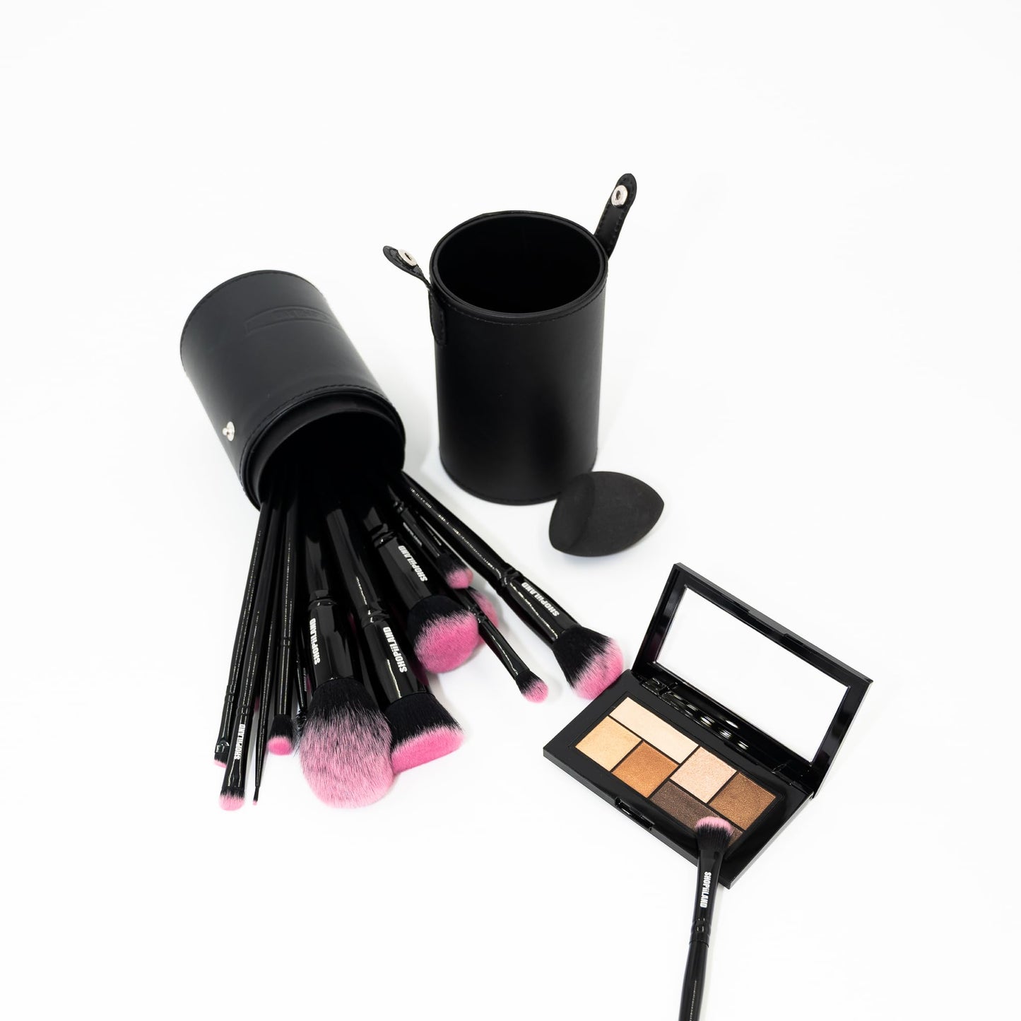 SHOPiiLAND 18-Piece Vegan Makeup Brush Set – Black & Pink Case, Soft Synthetic Bristles, Cruelty-Free, Ideal for Liquid, Powder, Cream & Bronzer; Includes Kabuki, Blender, Blush & Eyeshadow Brushes