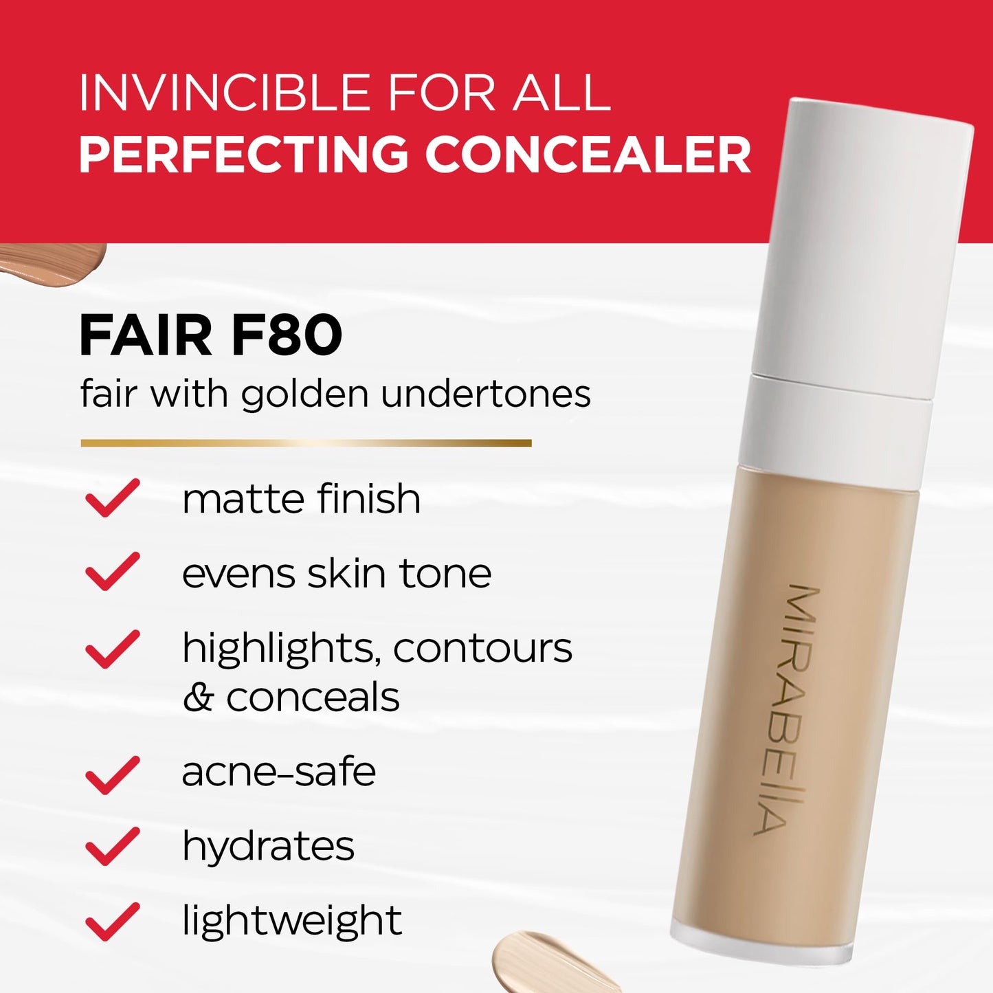 Mirabella Invincible For All Perfecting Under Eye Concealer Full Coverage - Hydrating Makeup Concealer for Dark Circles, Fine Lines & Wrinkles w/Hyaluronic Acid - Ivory I30