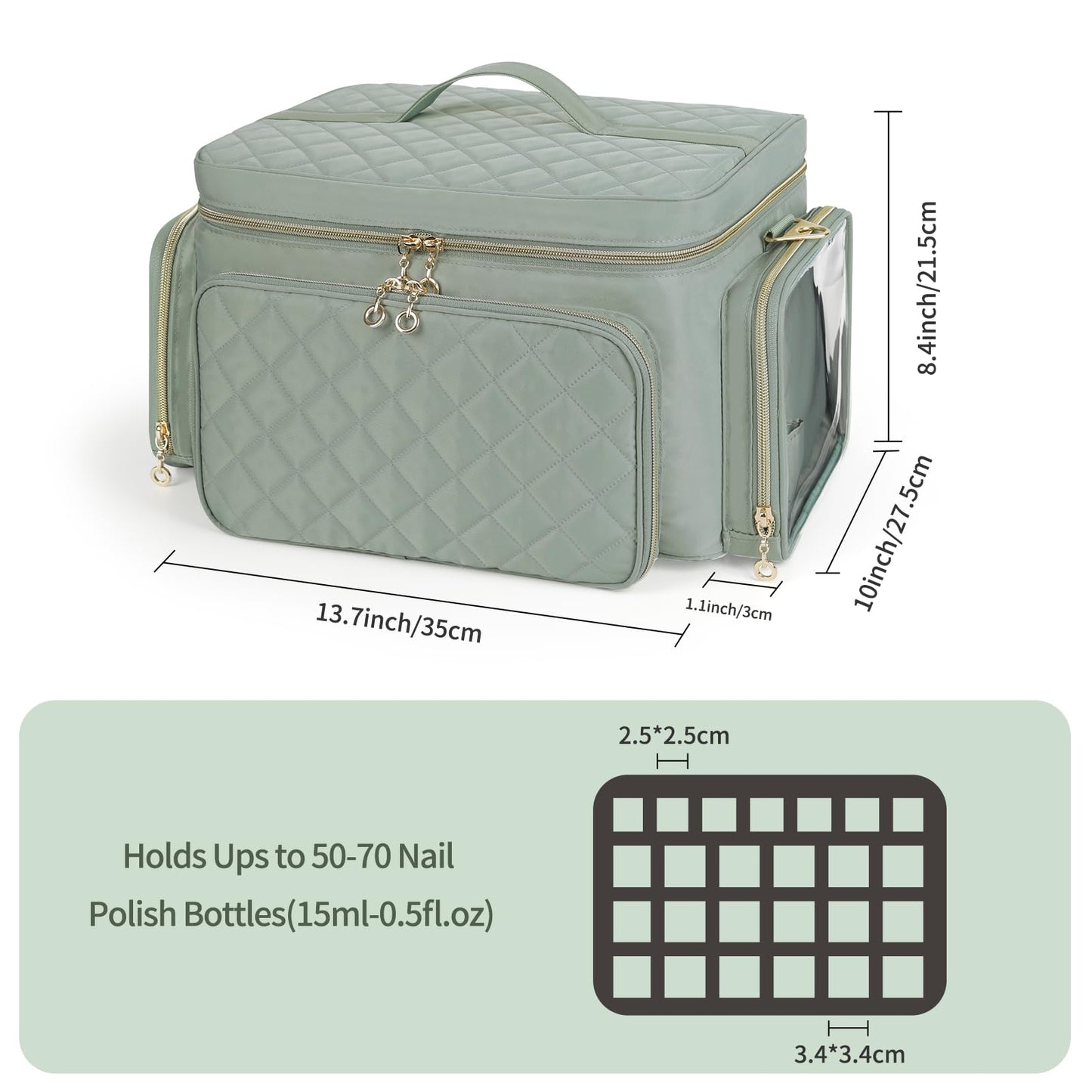 Bagmoly Nail Polish Organizer, Nail Polish Storage Holds 50-70 Bottles & Nail Lamp, Portable Travel Nail Kit Storage Carrying Case Fits Nail Suppiles, Gift for Manicurist, Grils (Green)