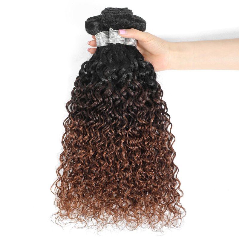 ALHER 12A Ombre Human Hair Bundles Water Wave, Soft Thick Chestnut Brown Ombre Single Curly Bundle Wet and Wavy 100% Virgin Remy Human Hair for Black Women #T1B/2/30 Dark Roots Auburn Sew In 14 Inch