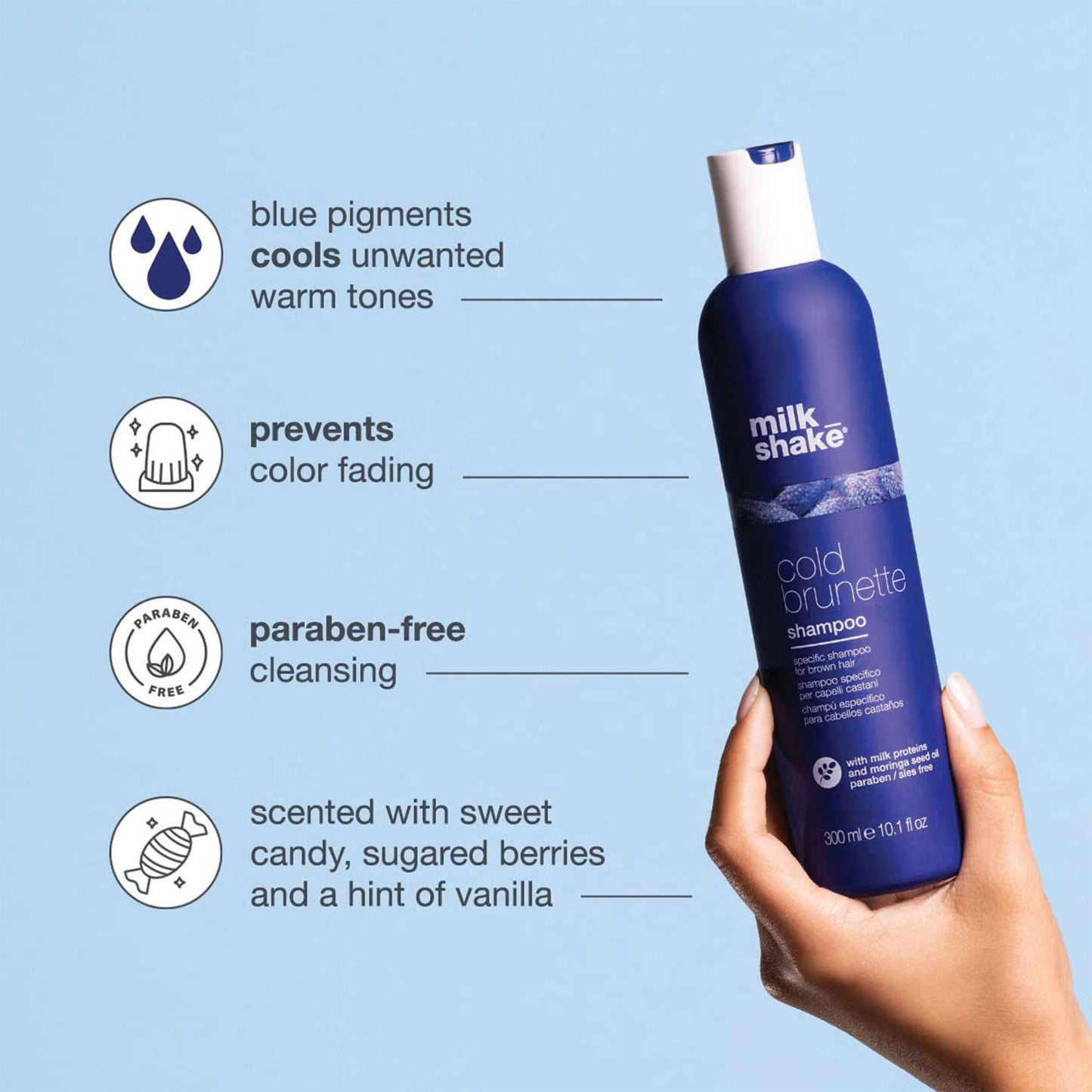 milk_shake cold brunette shampoo | toning shampoo with blue pigment to neutralize orange and red in brunette hair | strengthens, boosts shine, and extends color | SLS/SLES-free
