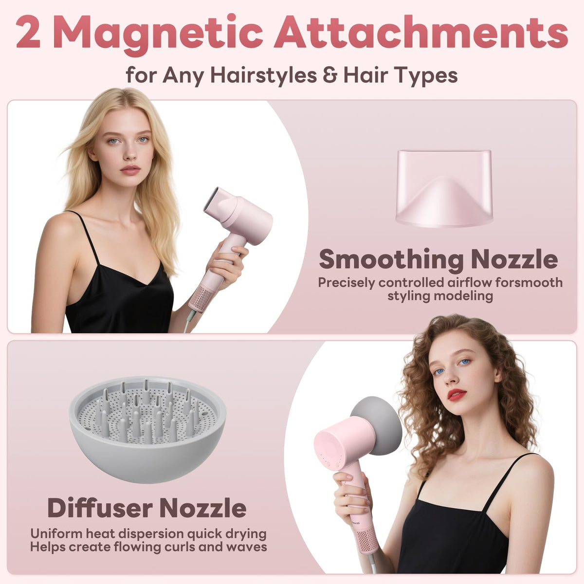 Hair Dryer, High-Speed Ionic Low Noise Blow Dryer with Brushless Motor for Fast Drying, Thermo-Control Quiet Compact Pink Hair Blow Dryers with Magnetic Diffuser for Curly Hair for Home Travel Salon