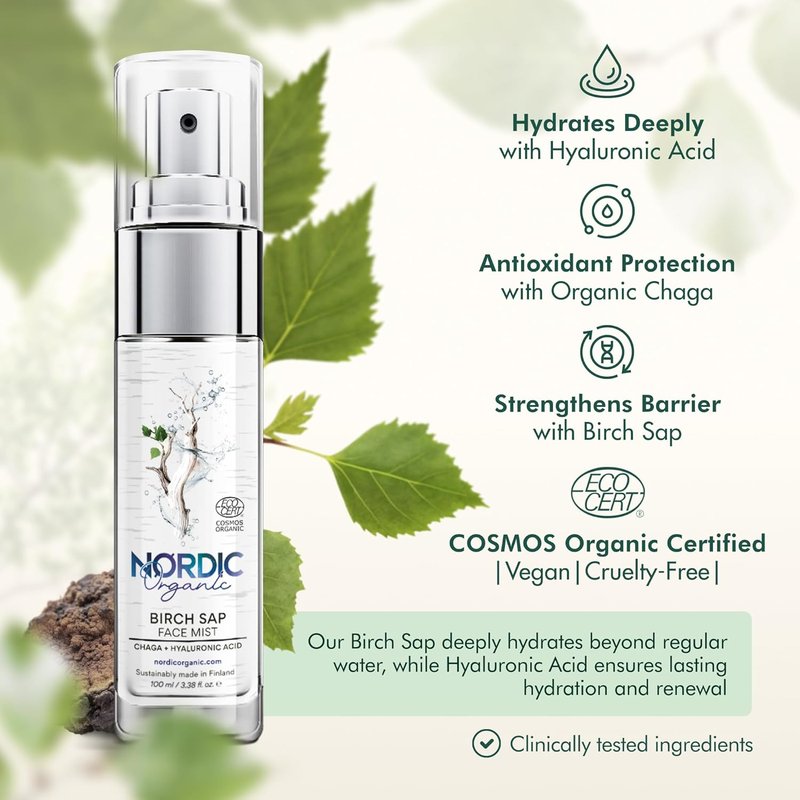 Birch Sap Face Mist - Organic Hydrating Mist with Hyaluronic Acid & Chaga Mushroom | Fragrance-Free, 3.38 oz (100 ml)