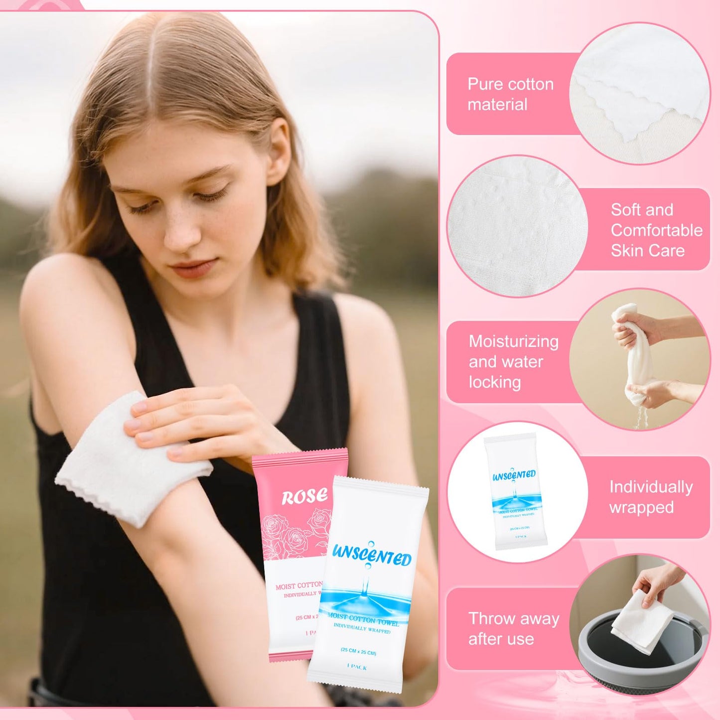 Moist Towelettes, Disposable Pre Moistened Towels Individually Wrapped, Soft Portable Face & Body Wet Towels for Travel Hotel Sport Camping Spa 9.8 inch (Pack of 100, Rose & Fresh)