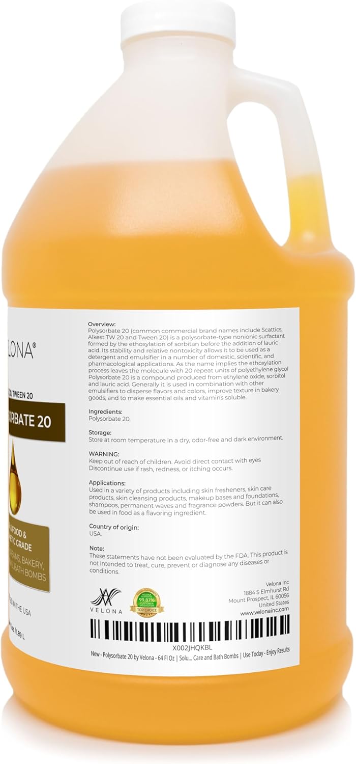Polysorbate 20 - All-Natural Solubilizer for Food & Cosmetics | 64 Fl Oz | Ideal for Cooking, Skin Care & Bath Bombs