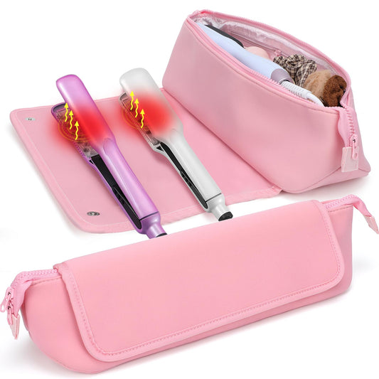 Travel Essentials Neoprene Hair Style Tools Bag w/Heat Resistant Mat for Flat or Curling Irons, Straighteners Accessories, Gifts for Women Mom Daughter Sister Friends for Birthday (Pink)