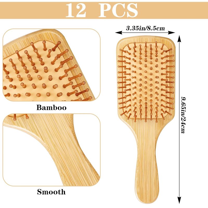 Bamboo Hair Brush Set - 12 Pcs Detangling Paddle Brushes with Round-Tipped Bristles | Lightweight Scalp Massage (9.84'' × 3.4'')
