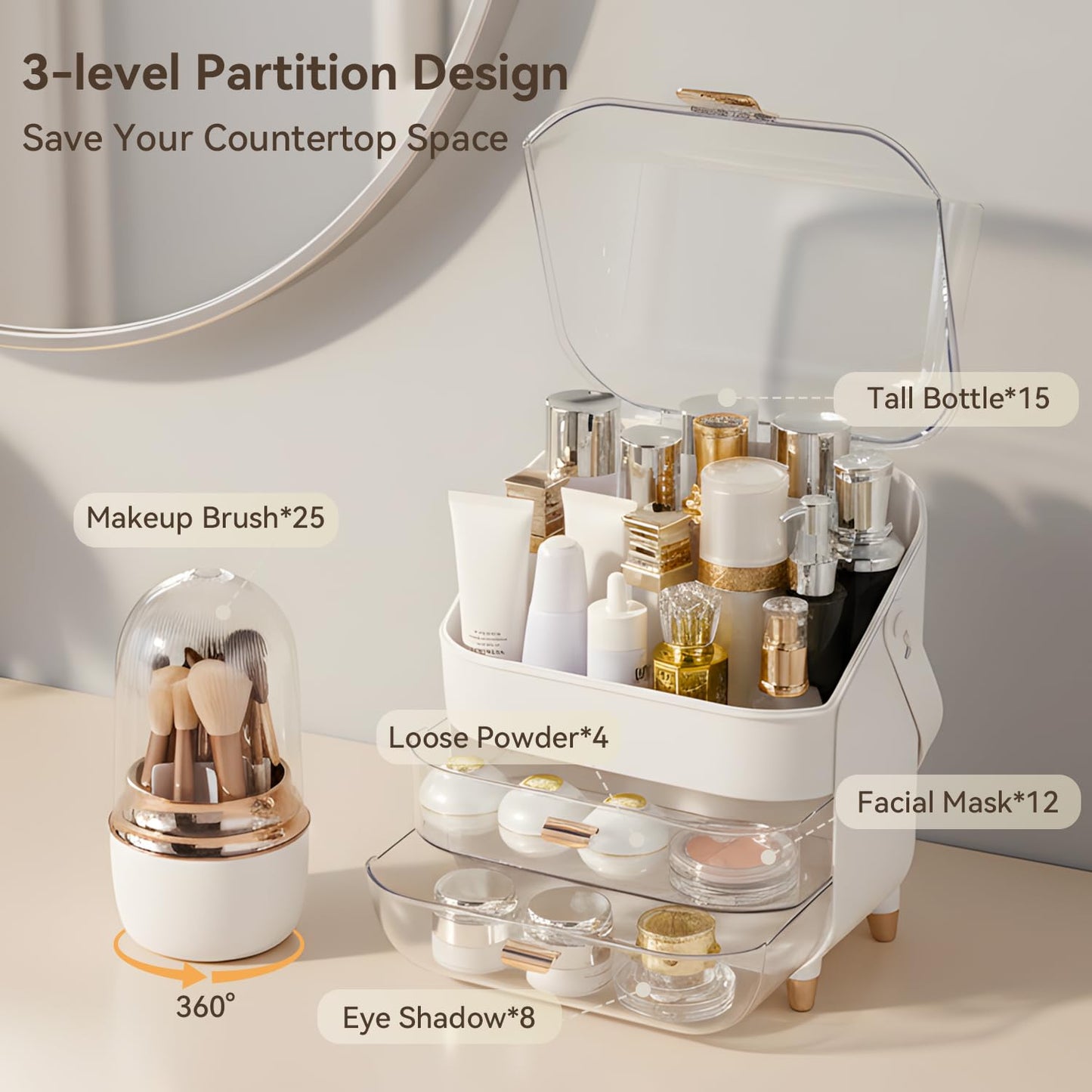 Makeup Organizer for Vanity with Brush Holder, Lid and 2 Drawers, Rose Gold