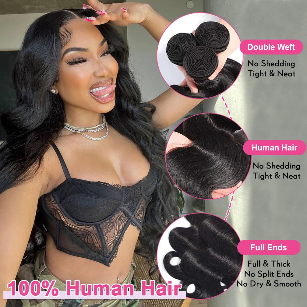 12A Body Wave Bundles Human Hair （14 14 14 inch） Human Hair Bundles 100% Unprocessed Brazilian Virgin Human Hair 3 Bundles Quick Weave bundles for Black Women Quick Weave Natural Color