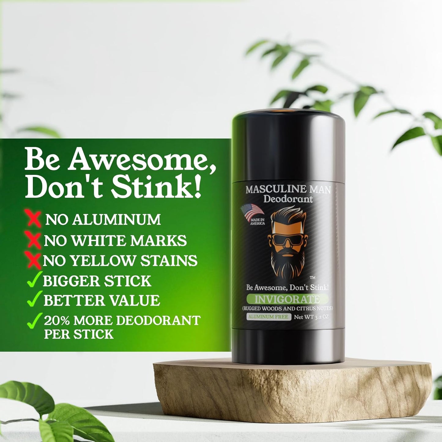 Aluminum-Free Men's Deodorant - Natural Sweat Protection | Stain-Free Stick, 3.2oz (Pack of 2)