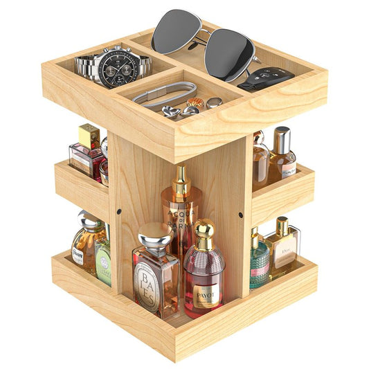 VLXXOI Cologne Organizer for Men Rotating Bathroom Counter Organizer, 3-Tier Solid Wood Storage Caddy, 360-Degree Rotating Stand, Burlywood (Burlywood A)