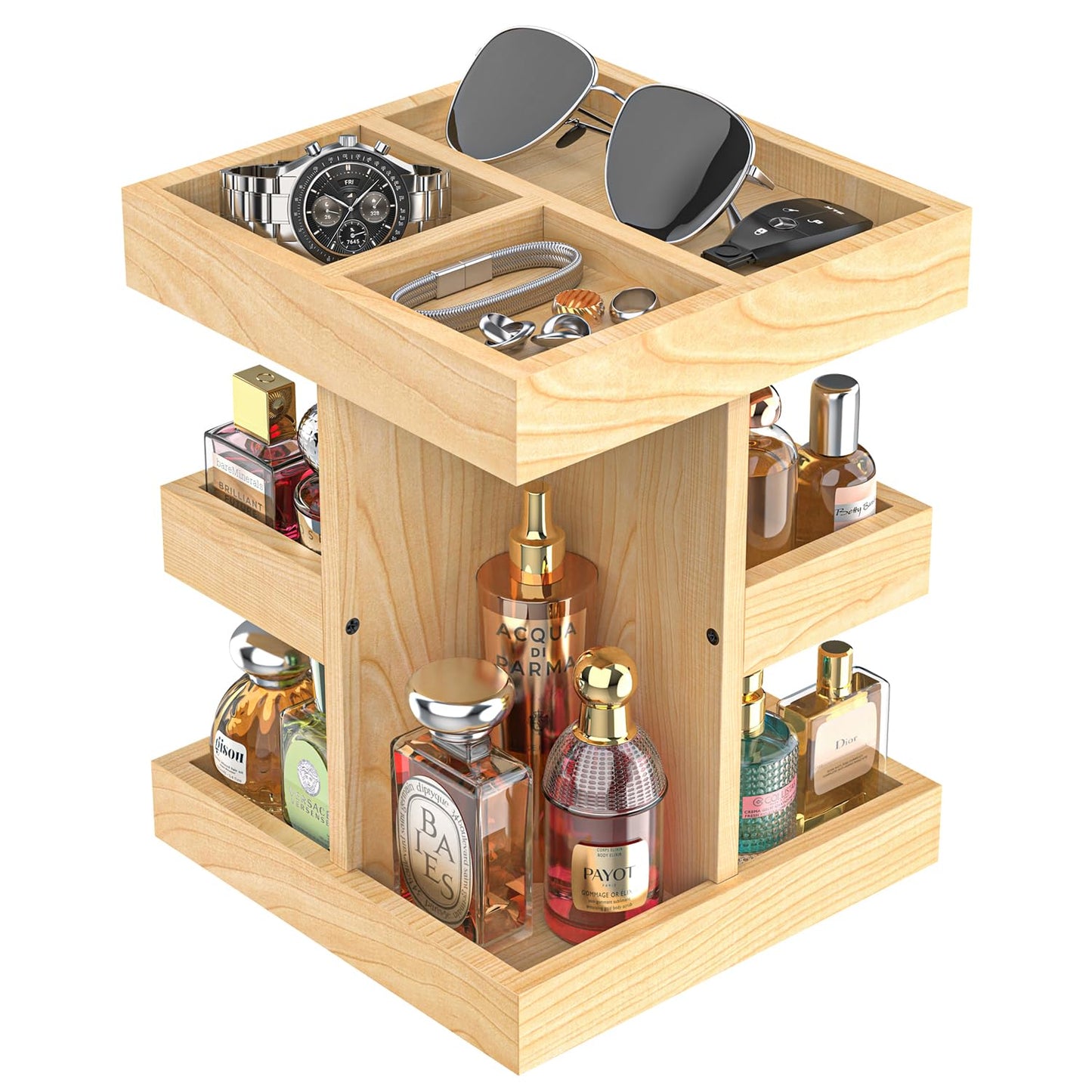 VLXXOI Cologne Organizer for Men Rotating Bathroom Counter Organizer, 3-Tier Solid Wood Storage Caddy, 360-Degree Rotating Stand, Burlywood (Burlywood A)