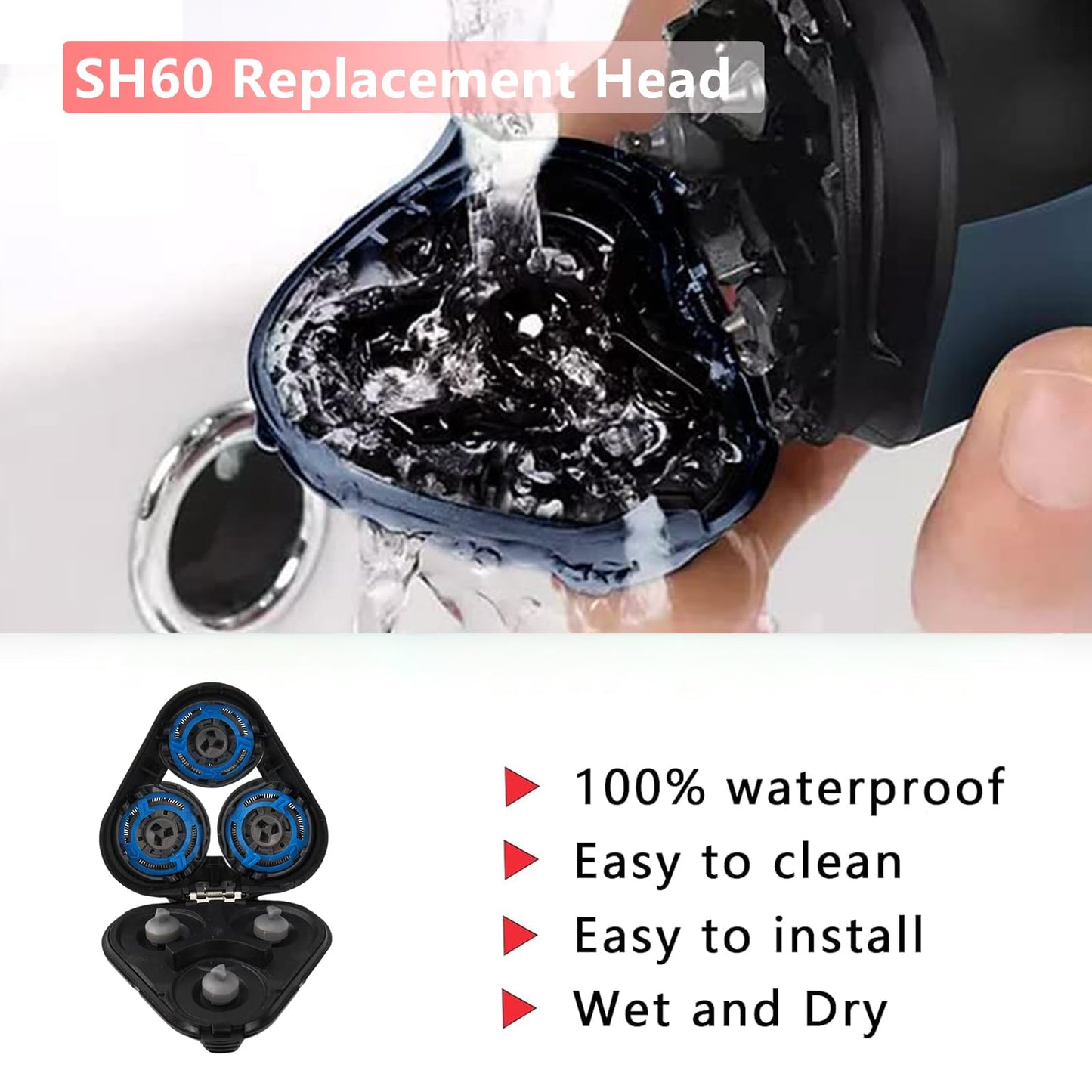 SH60 Replacement Blades Series 6000 Compatible with Philips Norelco 6000 Replacement Heads,for Series 6000 Electric Shaver Razors Blades S6850/85,S6880/81,S6810/82 etc Model,With Cleaning Brush